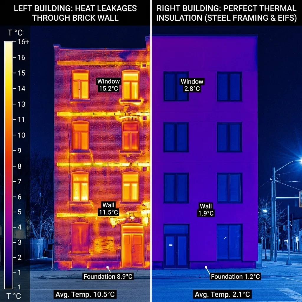 Comparativa termografica ladrillo comun vs ahorro energetico con steel framing